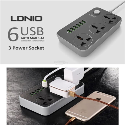 LDNIO SC3604 UK Power Strip with 3 AC Sockets + 6 USB Ports