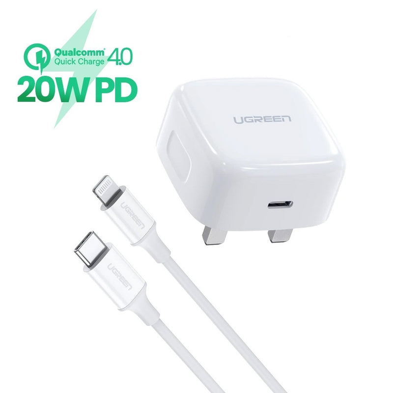 UGREEN 70297 PD Fast Charger UK + USB-C to Lightning MFI Cable 1m Suit White