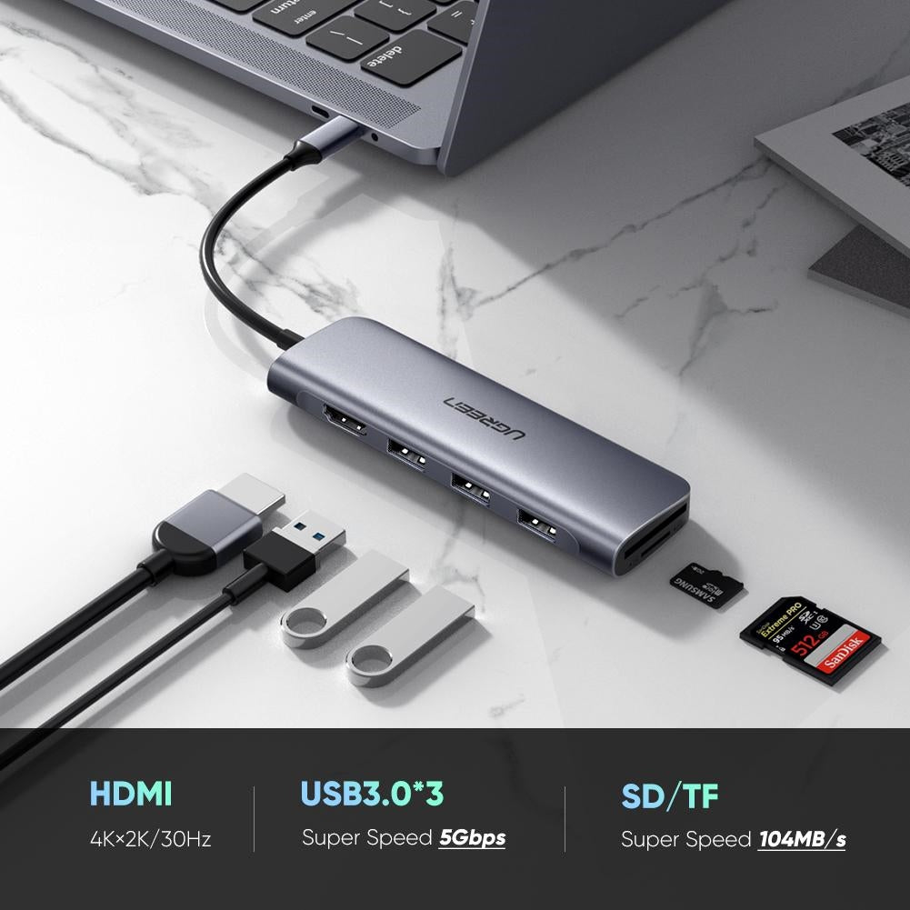 UGREEN 70410 Multifunctional USB-C to 3 Ports USB 3.0 + HDMI + TF/SD Space Gray-www.firsthelptech.ie