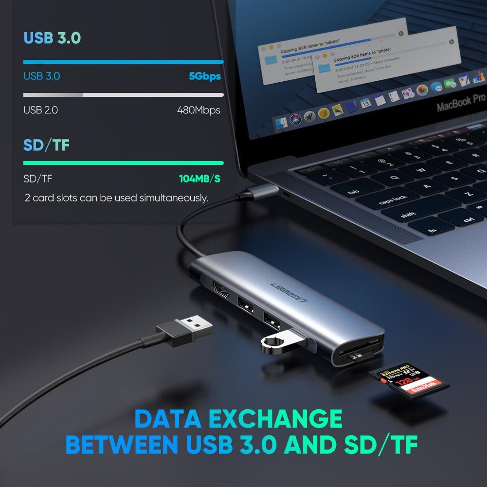 UGREEN 70410 Multifunctional USB-C to 3 Ports USB 3.0 + HDMI + TF/SD Space Gray-www.firsthelptech.ie