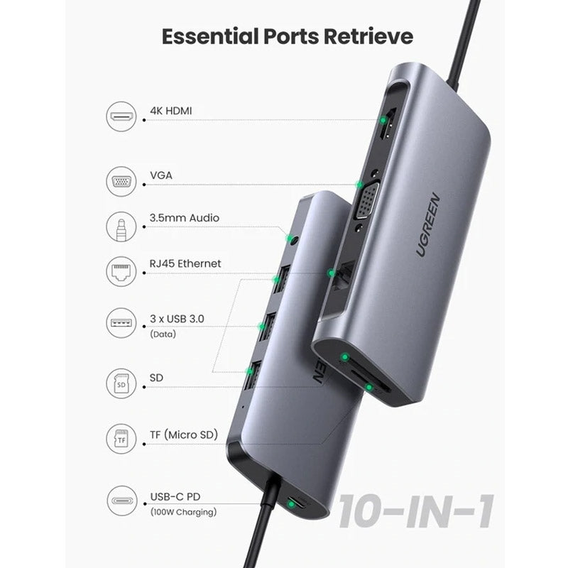 UGREEN 80133 10 in 1 USB-C Multifunction Adapter Space Gray-www.firsthelptech.ie