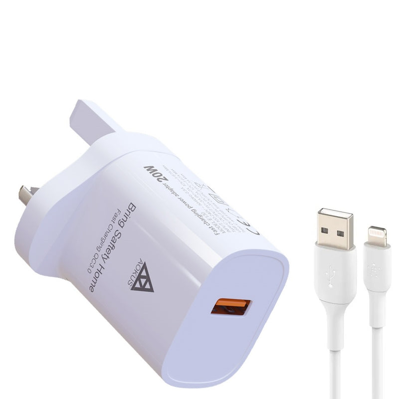 AOKUS E145 20W QC3.0 Quick Charger With Lighting Cable White