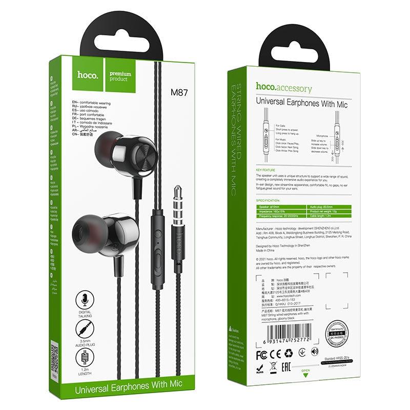 Hoco M87 String Single Button Control Universal 3.5mm Earphone with Mic Night Black-Earphones & Headsets-First Help Tech