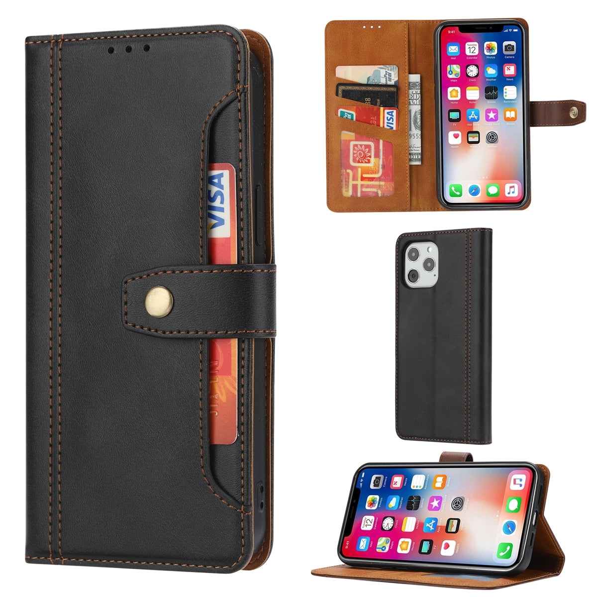 For Apple iPhone 14 Pro Stitched Card Slots Premium Aokus Wallet Case Black