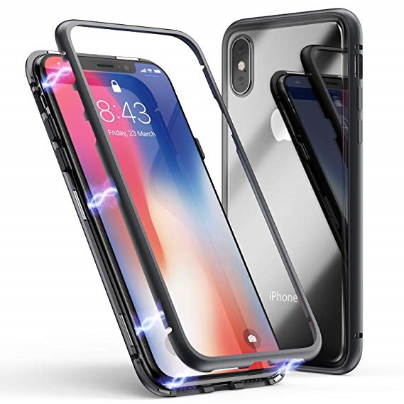 For Apple iPhone XS/X Magnetic Metal Frame Glass Case Black
