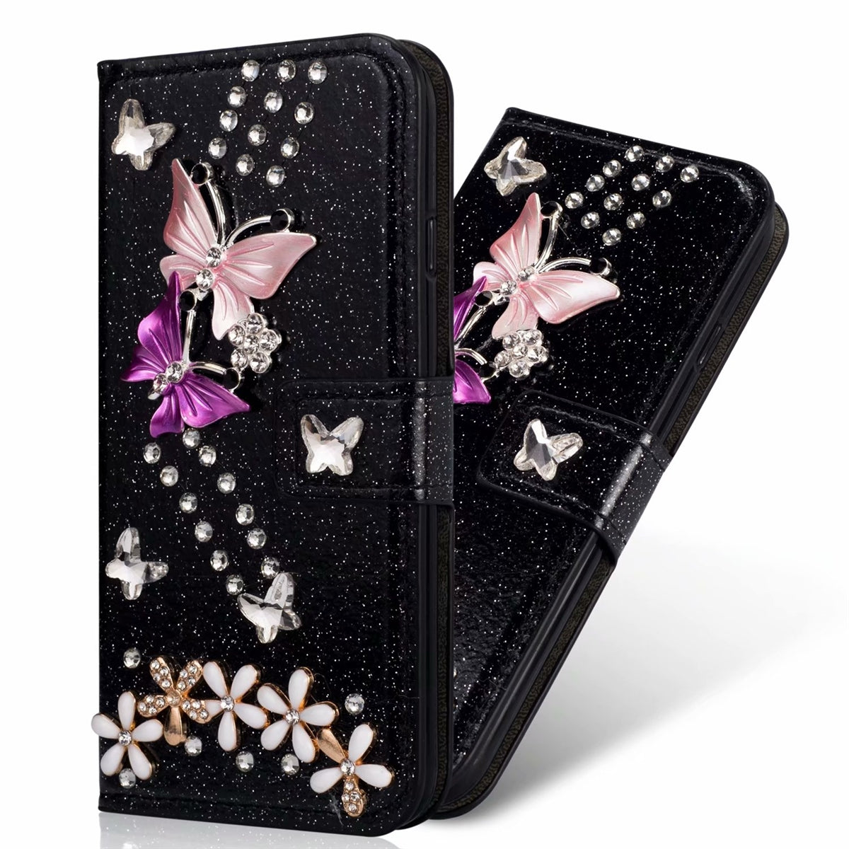 For Apple iPhone XS Max Butterfly Flower Painted Design Wallet Case Black