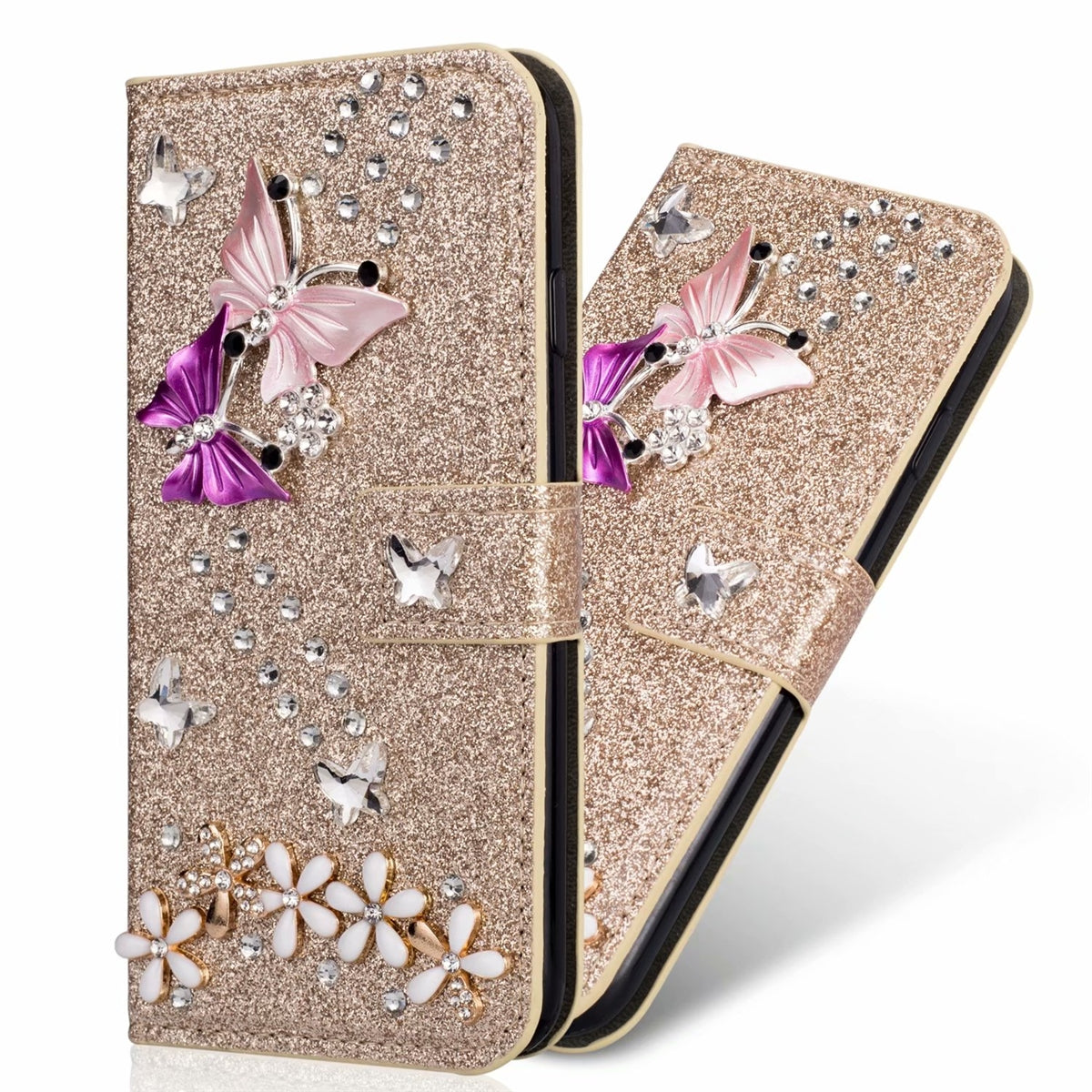 For Apple iPhone XS/X Butterfly Flower Painted Design Wallet Case Gold