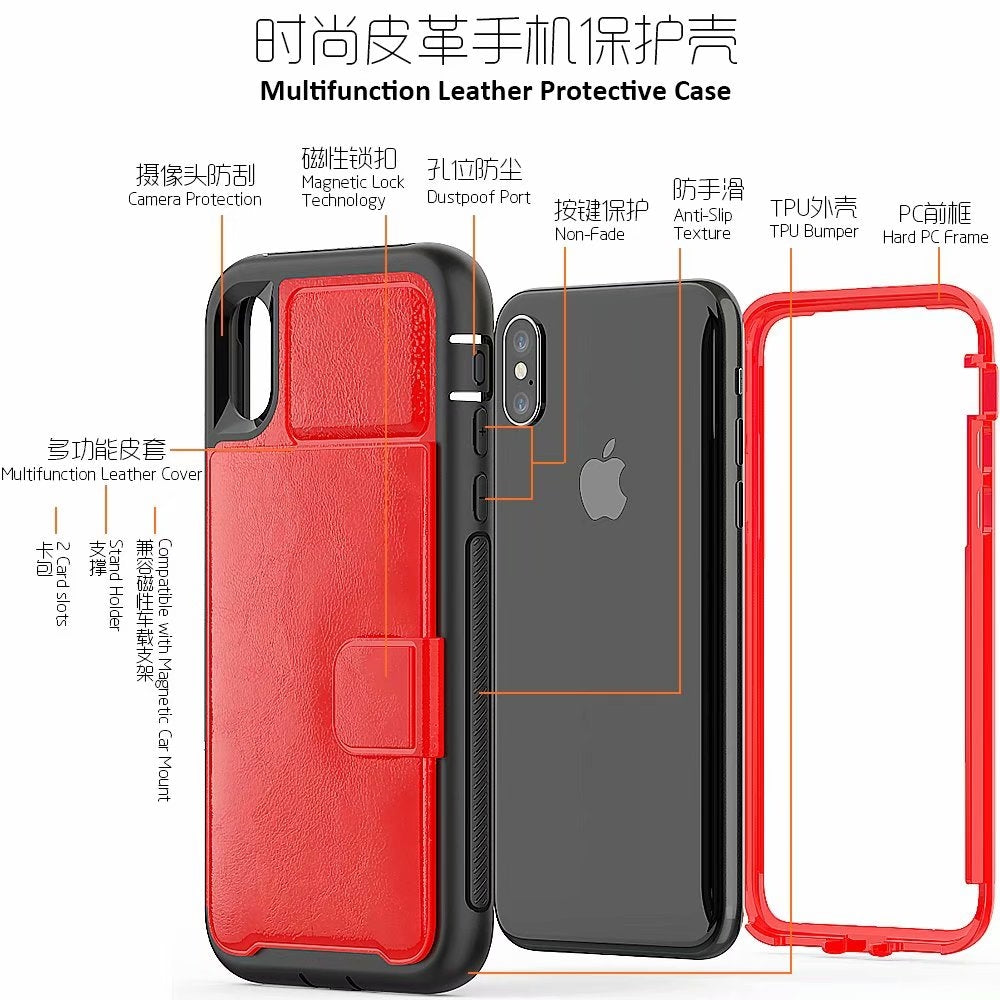 For Apple iPhone XS Max Magnetic Leather Card Holder Case Red-www.firsthelptech.ie