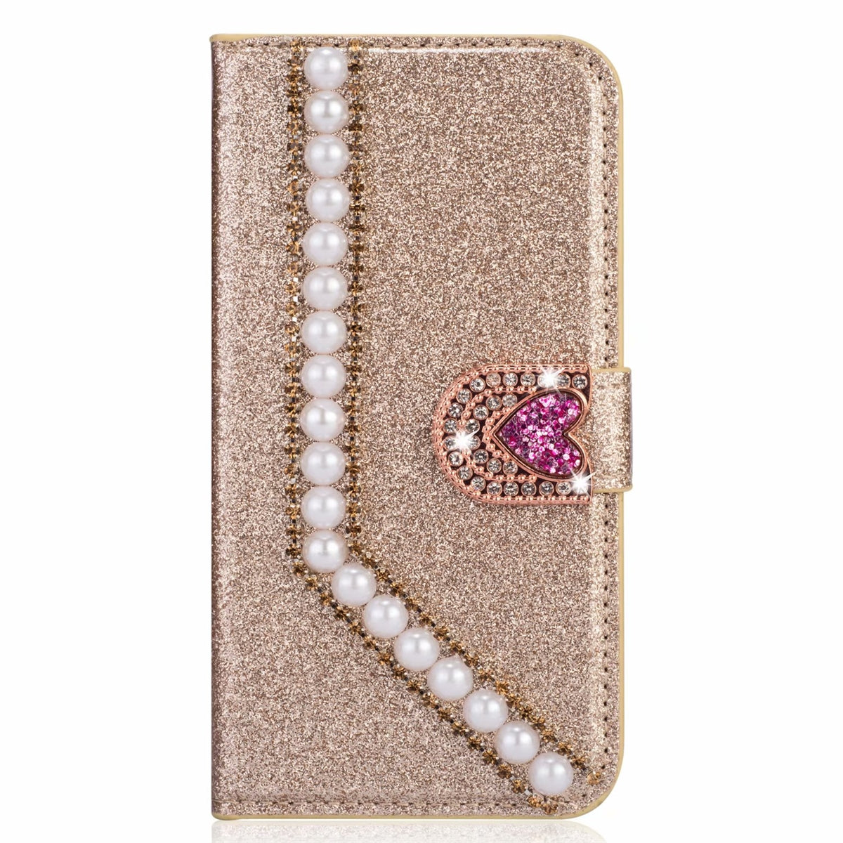 For Apple iPhone XS Max Painted Glitter Pearl Wallet Case Gold