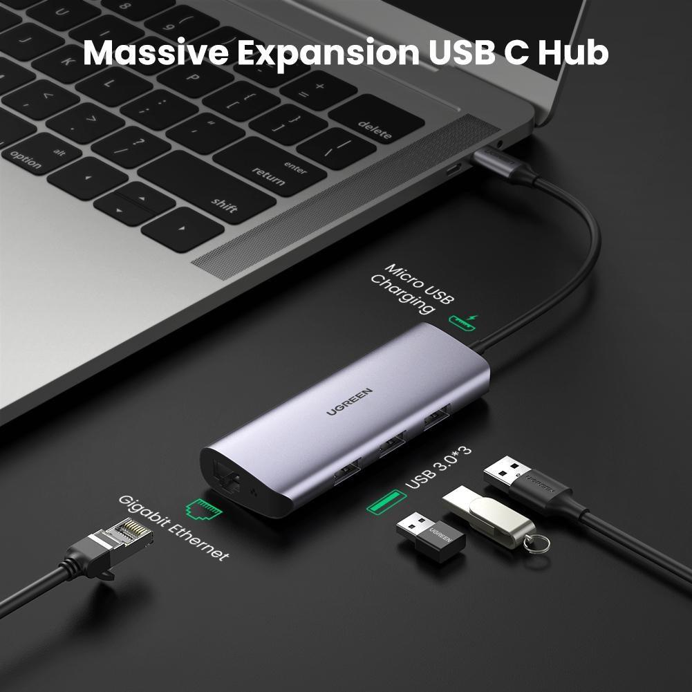 UGREEN 60718 Premium Multi-function USB-C to 3 x USB (3.0)+RJ45+Micro USB Adapter (Black)-www.firsthelptech.ie