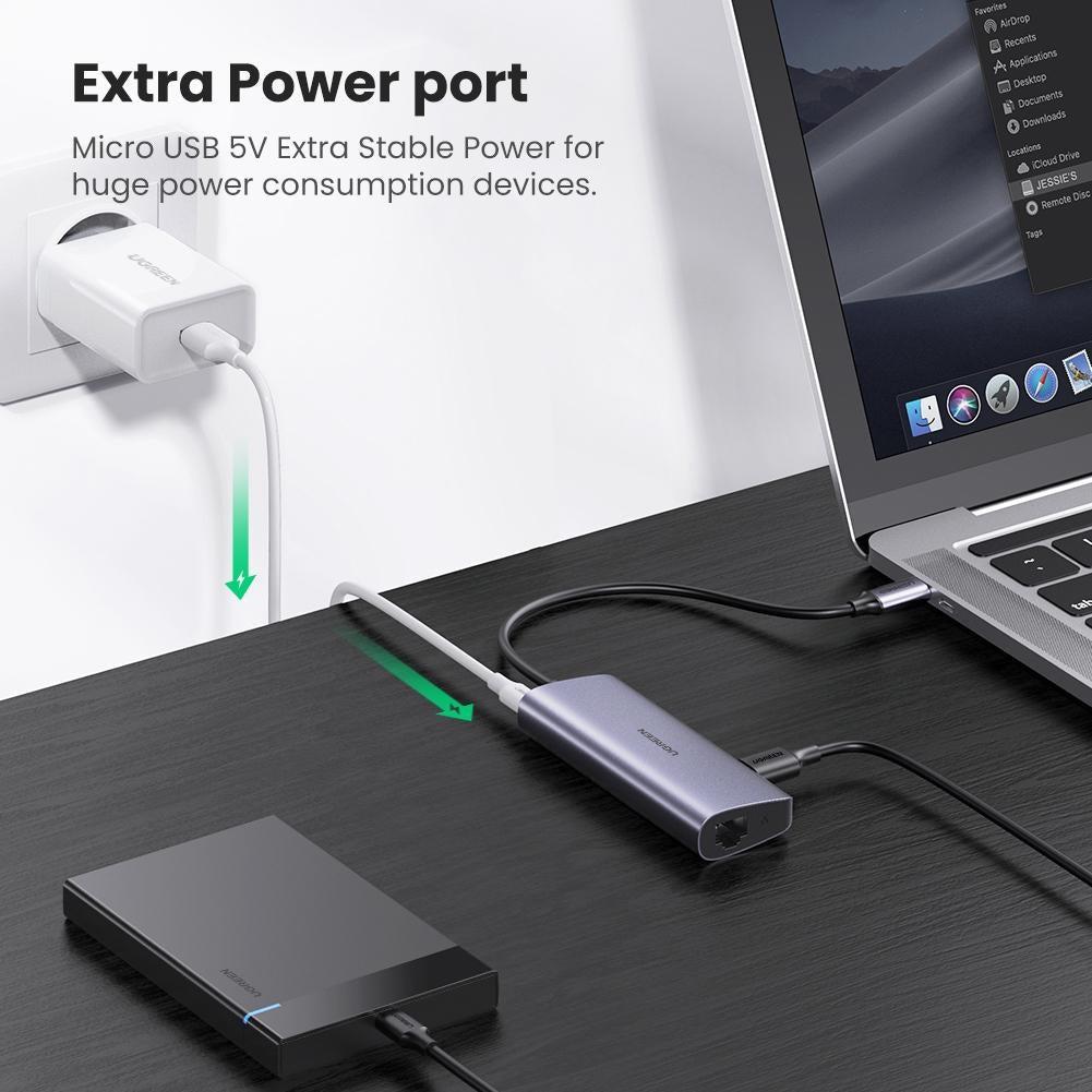 UGREEN 60718 Premium Multi-function USB-C to 3 x USB (3.0)+RJ45+Micro USB Adapter (Black)-www.firsthelptech.ie