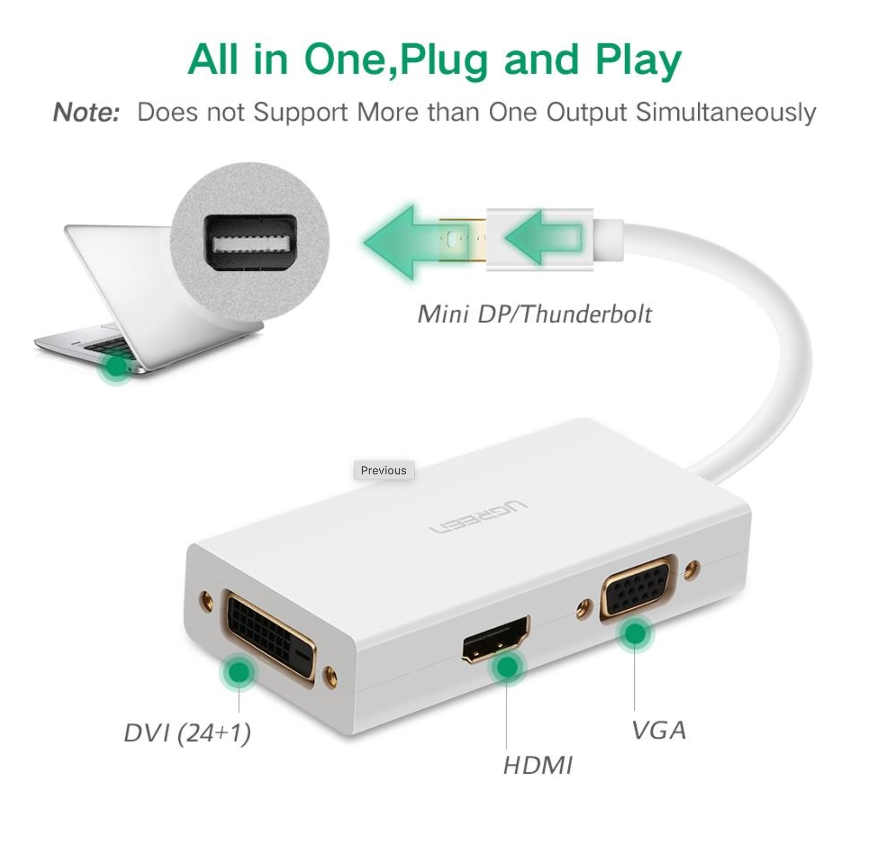 Ugreen 20417 3 in 1 Mini DP to HDMI/VGA/DVI Converter (White)-Cables and Adapters-First Help Tech