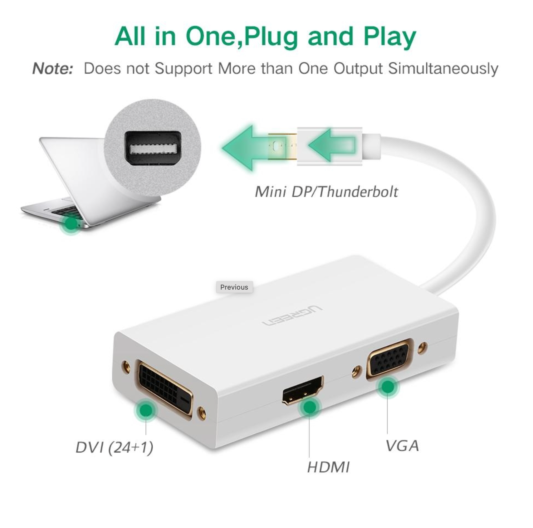 Ugreen 20417 3 in 1 Mini DP to HDMI/VGA/DVI Converter (White)-www.firsthelptech.ie