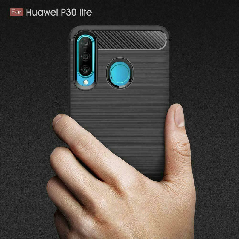 For Huawei P30 Lite Carbon Fibre Design Case TPU Cover - Black