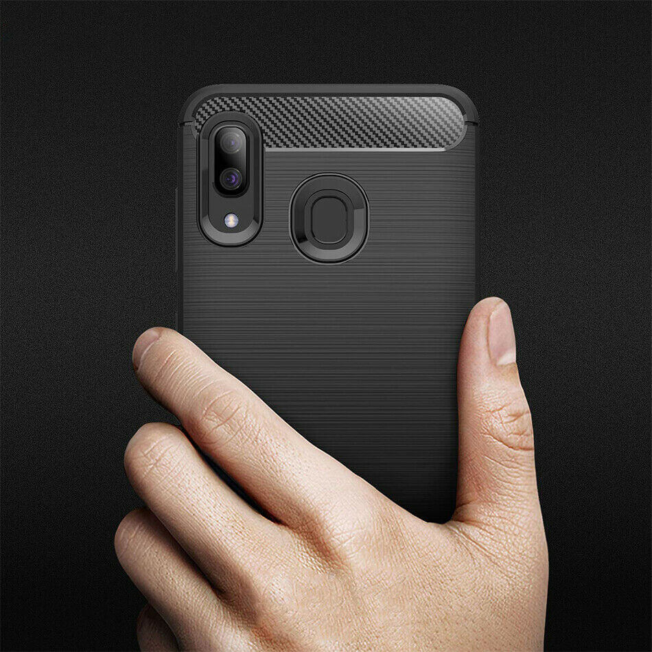 For Samsung Galaxy A20 A30 Carbon Fibre Design Case TPU Cover - Black