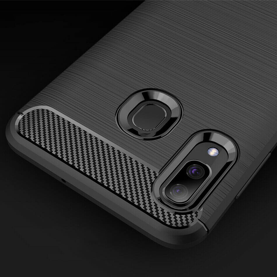 For Samsung Galaxy A20 A30 Carbon Fibre Design Case TPU Cover - Black