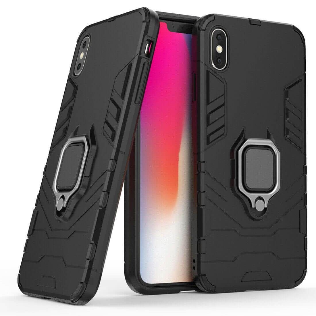 For Apple iPhone X / XS Luxury Armor Case Shockproof Cover Magnet Ring Holder - Black