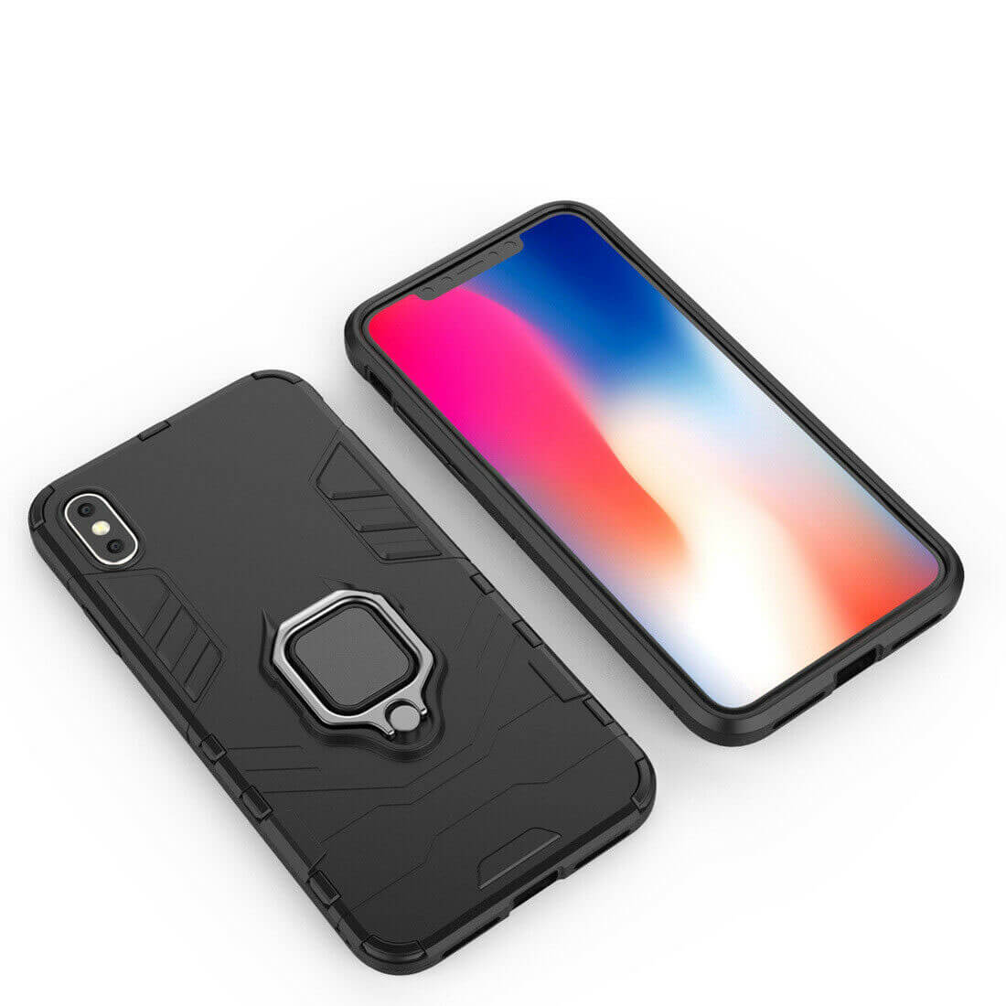 For Apple iPhone X / XS Luxury Armor Case Shockproof Cover Magnet Ring Holder - Black