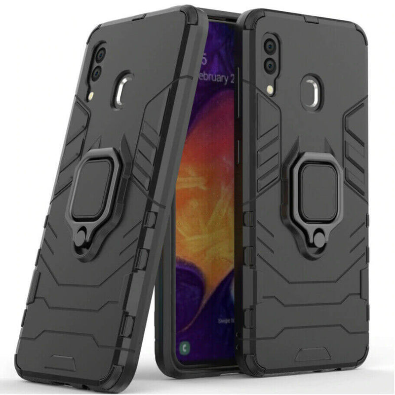 For Samsung Galaxy A20 / A30 Luxury Armor Case Shockproof Cover Magnet Ring Holder - Black