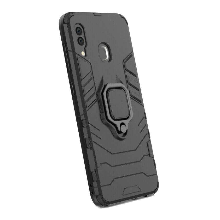 For Samsung Galaxy A20 / A30 Luxury Armor Case Shockproof Cover Magnet Ring Holder - Black