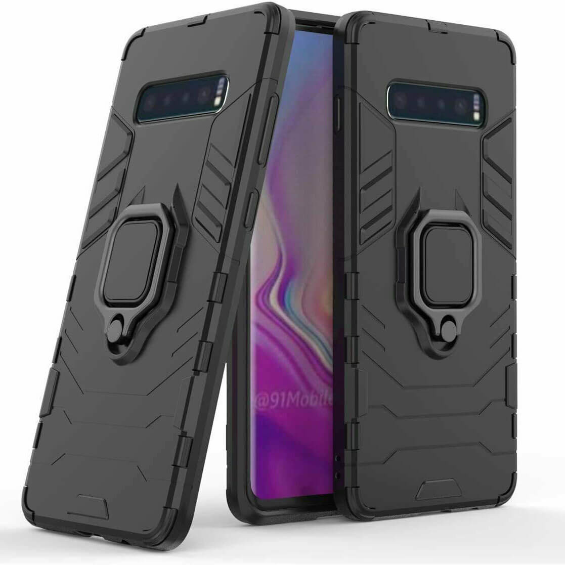 For Samsung Galaxy S10 Plus Luxury Armor Case Shockproof Cover Magnet Ring Holder - Black