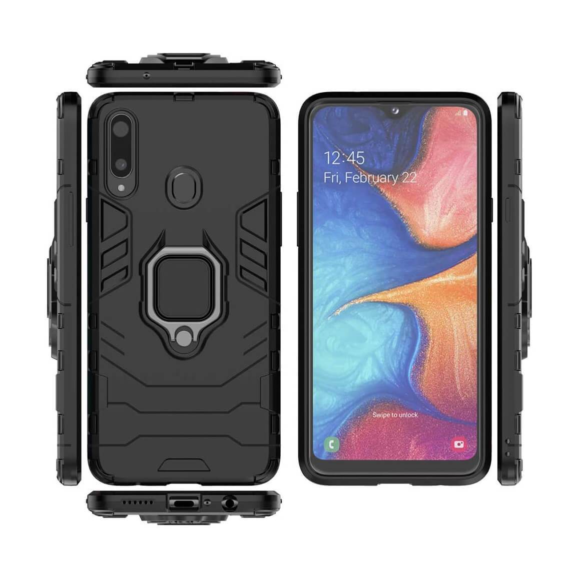 Hybrid Case For Samsung Galaxy A20s Cover Magnet Ring Holder - Black