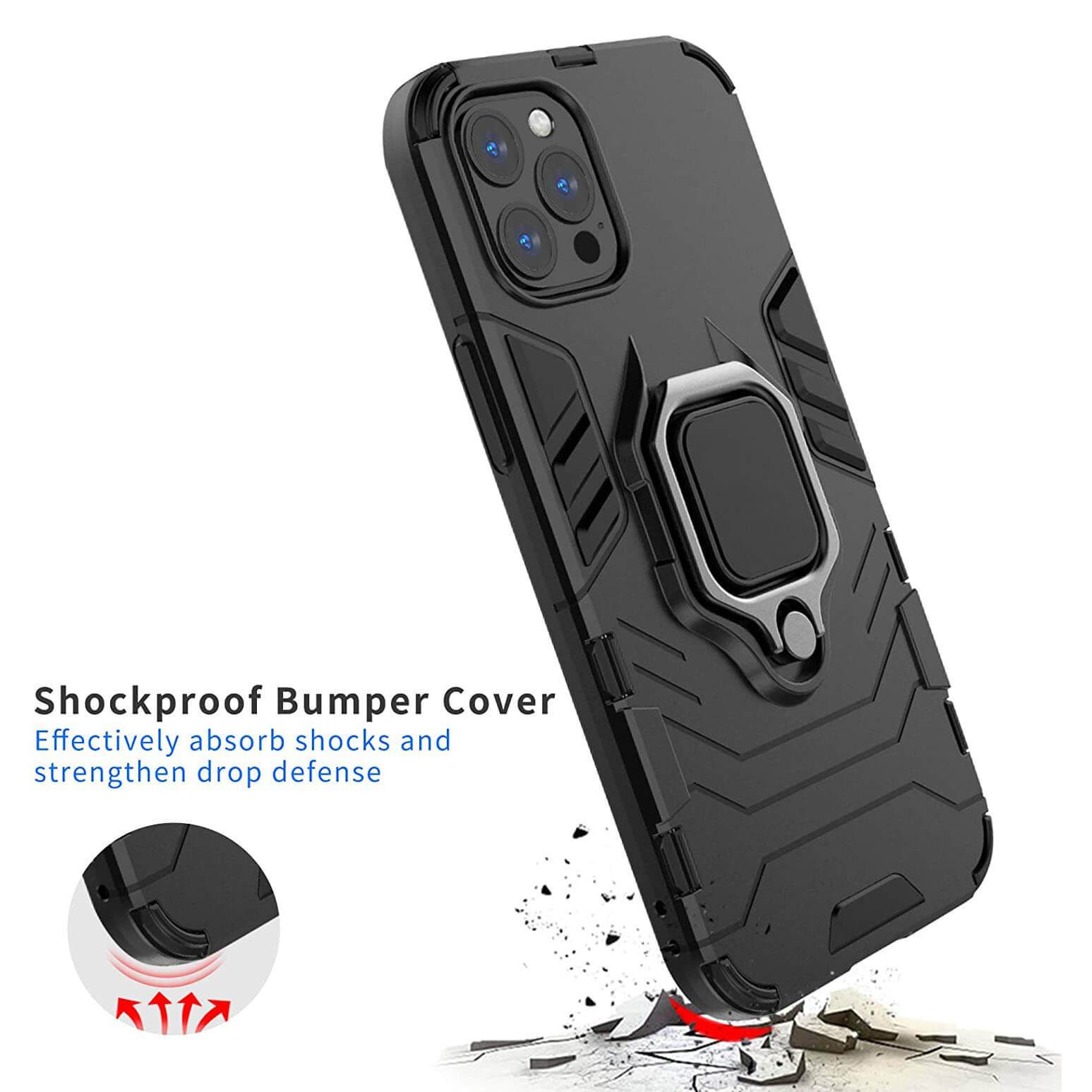 Luxury Hybrid Case For Apple iPhone 12 / 12 Pro Shockproof Cover Magnet Ring Holder - Black